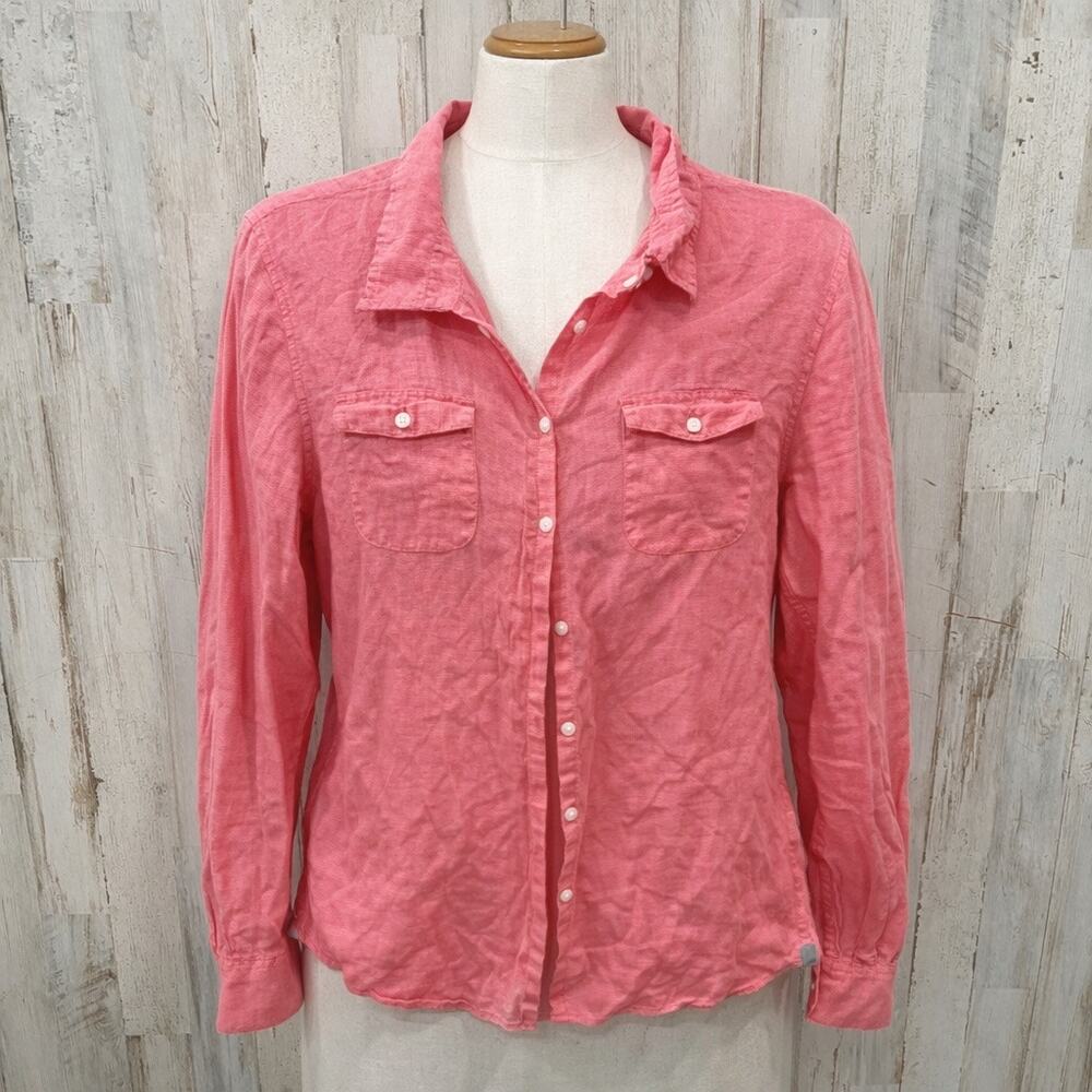 Horny Toad Pink Button Up Womens Tab Sleeve Airbrush Shirt L Organic Cotton